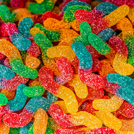 Assorted colorful gummy jelly candies. Top view. Jelly sweets. Gummy candiesの写真素材