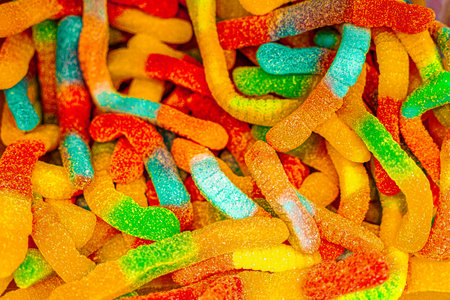 Assorted colorful gummy jelly candies. Top view. Jelly sweets. Gummy candiesの写真素材