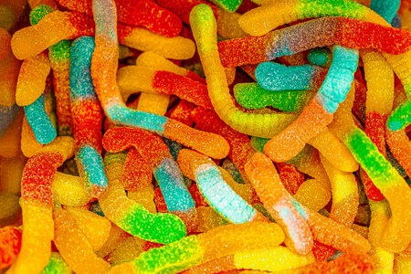 Assorted colorful gummy jelly candies. Top view. Jelly sweets. Gummy candiesの写真素材
