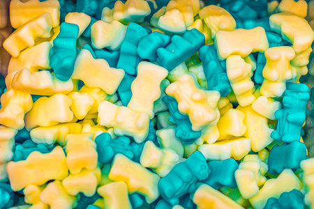 Assorted colorful gummy jelly candies. Top view. Jelly sweets. Gummy candiesの写真素材