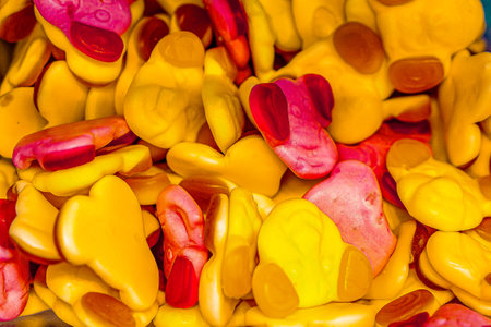 Assorted colorful gummy jelly candies. Top view. Jelly sweets. Gummy candiesの写真素材