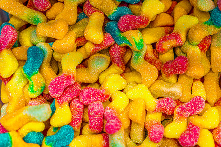 Assorted colorful gummy jelly candies. Top view. Jelly sweets. Gummy candiesの写真素材