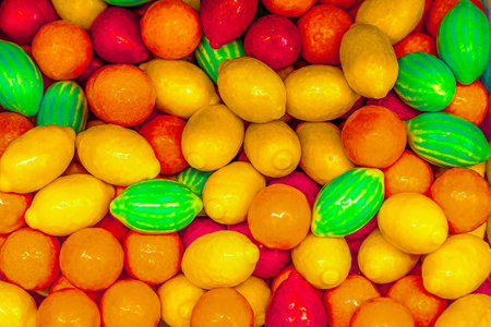 Assorted colorful gummy jelly candies. Top view. Jelly sweets. Gummy candiesの写真素材