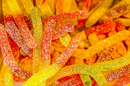 Assorted colorful gummy jelly candies. Top view. Jelly sweets. Gummy candiesの写真素材