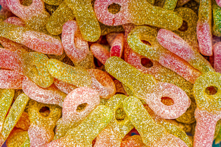 Assorted colorful gummy jelly candies. Top view. Jelly sweets. Gummy candiesの写真素材