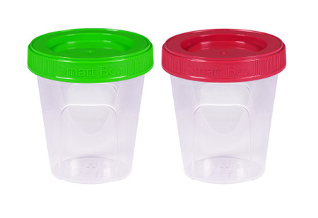 Plastic container for drink food and foodstuffs with plastic cover. Isolated on white background.の写真素材
