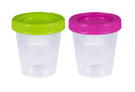 Plastic container for drink food and foodstuffs with plastic cover. Isolated on white background.の写真素材