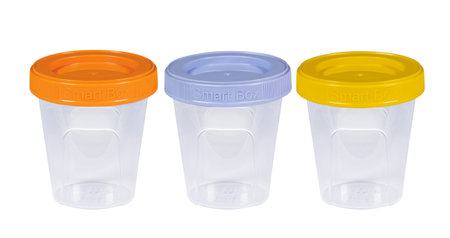 Plastic container for drink food and foodstuffs with plastic cover. Isolated on white background.の写真素材