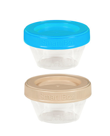 Plastic container for drink food and foodstuffs with plastic cover. Isolated on white background.の写真素材