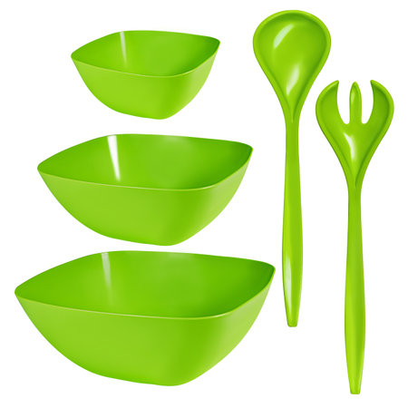 Plastic salad set. Green bowls fork and spoon set isolated on whiteの写真素材