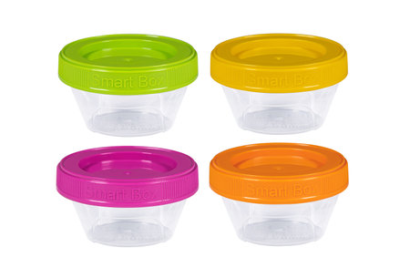 Plastic container for drink food and foodstuffs with plastic cover. Isolated on white background.の写真素材