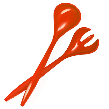 Red fork and spoon isolated on white background. Red colour objects. Eating. Salad set fork and spoon. Kitchenwear. Tablewear. Simplicity. Product design. Comfort. Kitchen utensilの写真素材