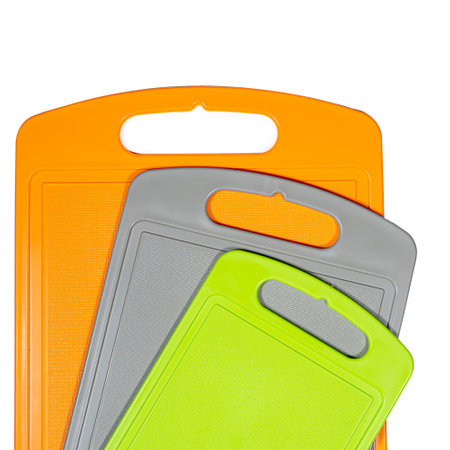 Chopping cutting board set on white background. Cutting boards plastic isolated set of threeの写真素材