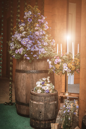 Beautiful romantic elegant wedding decor for a luxury dinner in restaurant. Modern floral design for outdoor weddingの写真素材