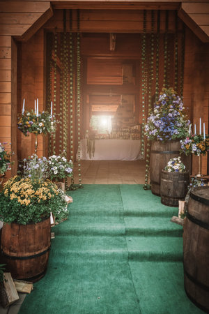 Beautiful romantic elegant wedding decor for a luxury dinner in restaurant. Modern floral design for...