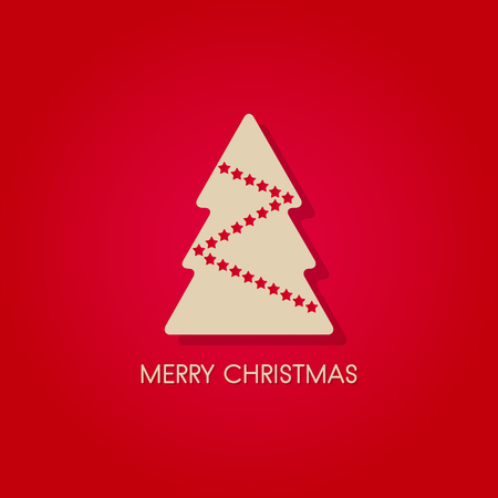 white Christmas tree, Merry Christmas symbol with stars and shadow, isolated vector on red backgroundのイラスト素材