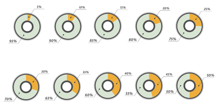 Infographics vector: 5, 10, 15, 20, 25, 30, 35, 40, 45, 50 percent yellow blue pie charts isolatedのイラスト素材