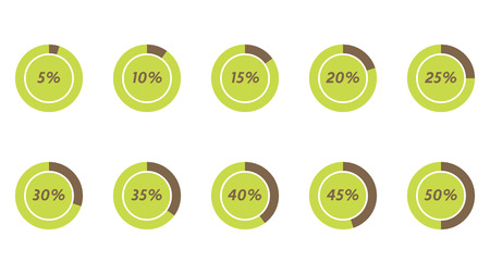 5%, 10%, 15%, 20%, 25%, 30%, 35%, 40%, 45%, 50% green and brown vector pie chartsのイラスト素材