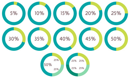 Infographics vector: 5%, 10%, 15%, 20%, 25%, 30%, 35%, 40%, 45%, 50% green and blue circle diagrams, isolated on white backgroundのイラスト素材