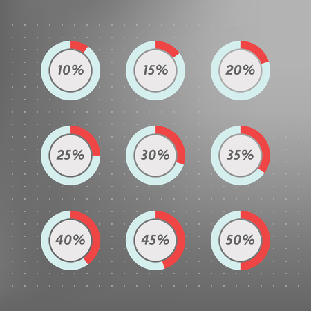 Infographics vector: 10%, 15%, 20%, 25%, 30%, 35%,  40%, 45%,  50%  blue red and grey pie charts on dotted backgroundのイラスト素材