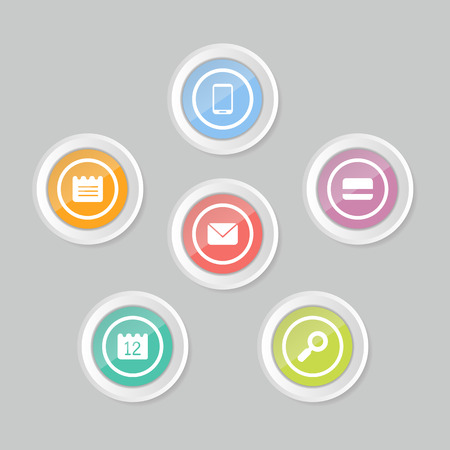 set of colorful isolated symbols: smart phone, message, credit card, calendar, note, lensのイラスト素材