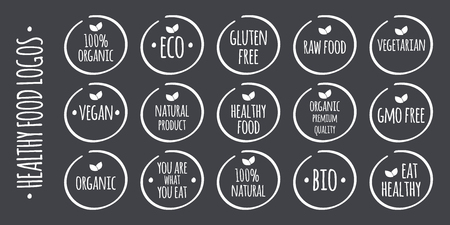 white food on grey. 100% Organic, Eco, Gluten, GMO Free, Raw, Bio, Vegetarian, Vegan, Natural Product, Premium Quality, You are what you eat,  Eat Healthy symbolsのイラスト素材