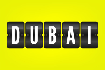 Dubai city travel flip symbol. Vector scoreboard illustration. Black and white airport destination sign on yellow backgroundのイラスト素材