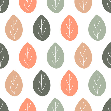 Seamless nature vector pattern. Orange brown and green leaves with twigs on white background. Hand drawn ornamentのイラスト素材