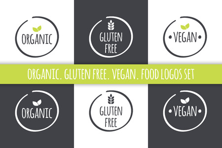 Food logos set. Organic Gluten Free Vegan labels. Vector grey white isolated symbols with green leavesのイラスト素材