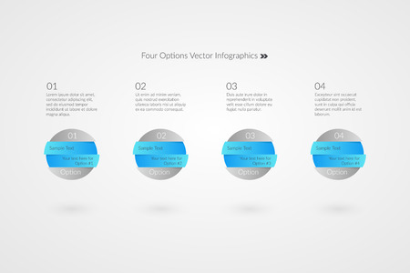 One two three four option vector infographics. 1 2 3 4 Sample Text  progress symbols. Marketing circle frame icons. Blue and grey business illustration isolatedのイラスト素材