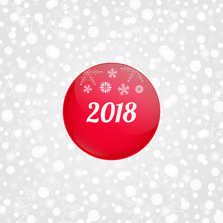 2018 Happy New Year red circle glossy vector illustration. Winter holiday snow pattern for decoration, celebration. Decorative grey white background with snowflakes, sparkles, lightsのイラスト素材