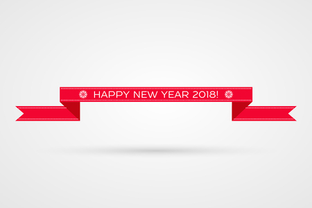Happy New Year 2018 illustration. Winter holiday decoration vector symbol. Isolated red and white sign. Decorative ribbon icon with snowflakes for celebrationのイラスト素材