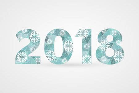 2018 Happy New Year vector illustration. Winter holiday snow symbol for celebration. Decorative polygonal sign with snowflakes. Blue and white geometric decorationのイラスト素材