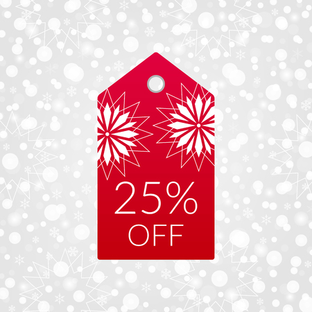 25 percent off shopping tag vector icon. Isolated discount symbol. Illustration sign for winter sale. Decorative Christmas background with snowflakes, sparkles, lightsのイラスト素材