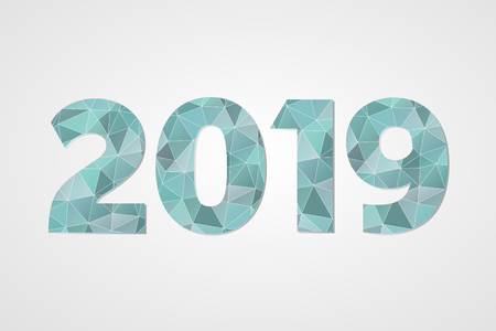 2019 polygonal vector symbol. Happy New Year abstract triangle illustration for decoration, celebration. Decorative blue and white geometric icon on gray gradient backgroundのイラスト素材