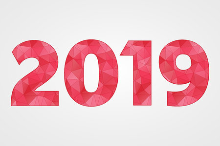 2019 poly vector symbol. Happy New Year abstract triangle illustration for decoration, celebration, winter holiday, infographic, business, calendar, event, design. Red gradient geometric iconのイラスト素材