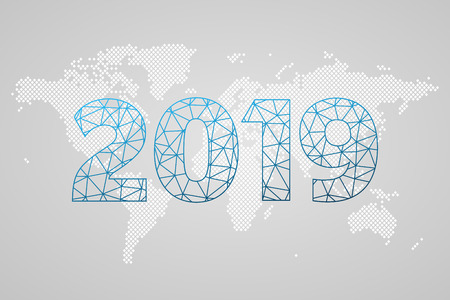 2019 triangle icon on dotted world map background. International infographic sign. Design element for business, marketing project, template, presentation, concept, web, illustrationのイラスト素材