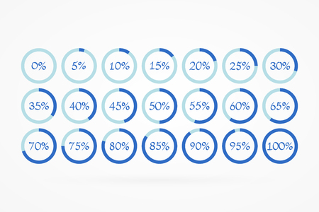 5 10 15 20 25 30 35 40 45 50 55 60 65 70 75 80 85 90 95 100 0 percent pie charts set for business, finance, web, design, download, progress, template. Infographic isolated circle icons. Percentage vector symbols.のイラスト素材