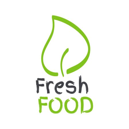 Fresh food label with leaf. Green and grey sign. Symbol for food, healthy eating, health, menu, market, product design, shop, restaurantのイラスト素材