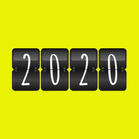 2020 Happy New Year scoreboard vector illustration. Decorative black and white flip symbol on yellow background. Infographic sign for web design, celebration, decorationのイラスト素材