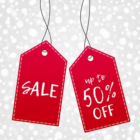 Shopping tag for sale up to 50%. Vector icon with snow pattern. Snowflake background. Illustration sign for winter seasonのイラスト素材