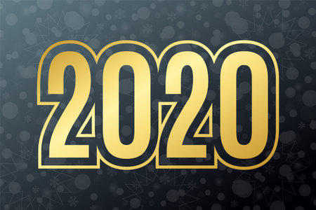 2020 Happy New year golden icon. Vector greeting card. Snowflakes background. Winter holiday...