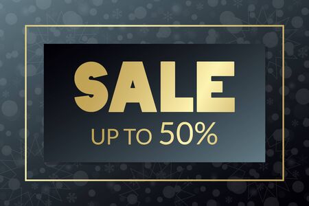 Sale up to 50% gold vector banner. Golden sign on Christmas pattern. Illustration for advertisement, discount, business, shopping, shop, web design, winterのイラスト素材