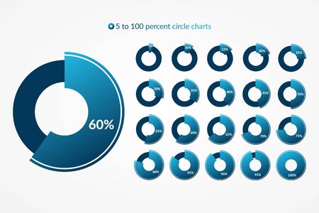 5 10 15 20 25 30 35 40 45 50 55 60 65 70 75 80 85 90 95 100 percent pie chart icon set. Percentage vector infographic symbol. Circle diagram for business, downloadのイラスト素材