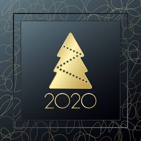 2020 New year vector greeting card. Christmas tree golden icon with curly elements. Banner for celebration, congratulation, web, design, decorationのイラスト素材