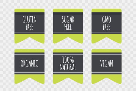 Gluten, Sugar, GMO Free, Organic, Vegan, 100% Natural label icon. Vector sign isolated on transparent background. Illustration symbol for food, product, logo, package, healthy eatingのイラスト素材