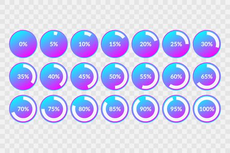 Percentage vector infographic icons set on transparent background. 5 10 15 20 25 30 35 40 45 50 55 60 65 70 75 80 85 90 95 100 0 percent  isolated pie charts for business, web, design, downloading, progressのイラスト素材