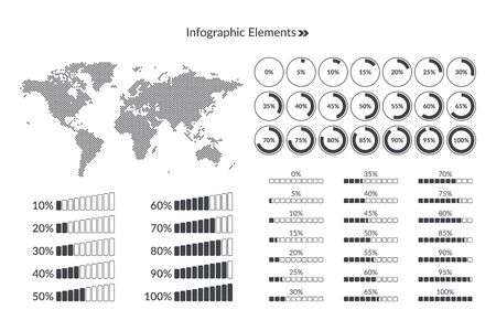 World map icon. Percentage vector infographic symbol set. 0 to 100 percent gradient pie chart signs, circle and square diagrams for business, downloadのイラスト素材