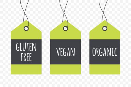 Gluten Free, Vegan, Organic label, shopping tag. Vector sign isolated on transparent background. Illustration symbol for food, product, healthy eatingのイラスト素材