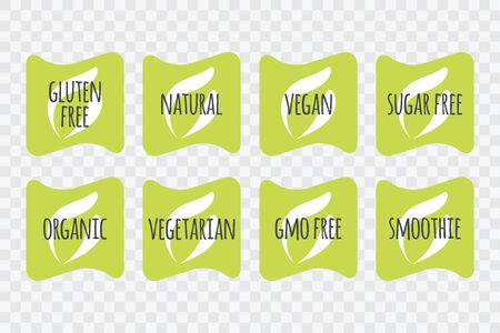 Organic Vegan Vegetarian Natural Smoothie Gluten GMO Sugar Free vector sticker set. Isolated green labels. Symbol for food, drink icon, product, healthy eating, design, conceptのイラスト素材